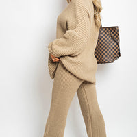 Knitted Co-ord Set in Cream with Cardigan and Wide-Leg Trousers