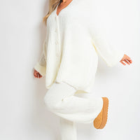 Knitted Co-ord Set in Cream with Cardigan and Wide-Leg Trousers