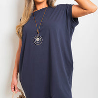 Navy short-sleeve tunic top with front pockets, relaxed straight cut.