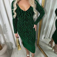 Glitter Midi Dress in Wine with Zebra Pattern and Long Sleeves
