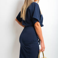 Midi Dress in Royal Blue with Kimono Sleeves and Tie Belt