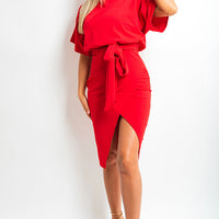 Midi Dress in Royal Blue with Kimono Sleeves and Tie Belt