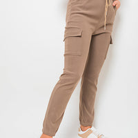 A Cargo Trousers in Mocha with Drawstring Waist and Cuffed Ankles