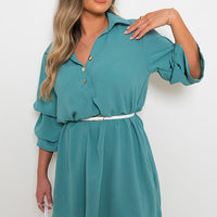 Teal shirt dress with collar, button placket, loose three-quarter sleeves, belted waist