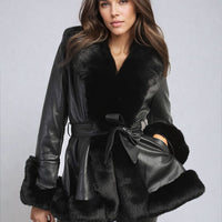 A Faux Fur Trim Jacket in Beige with Tie Belt