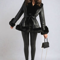 A Faux Fur Trim Jacket in Beige with Tie Belt