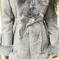 A Faux Fur Trim Jacket in Beige with Tie Belt
