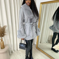 A Faux Fur Trim Jacket in Beige with Tie Belt