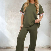 Olive green co-ord set with crew-neck top and wide-leg trousers, contrast stripe trims