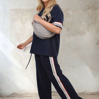 Navy contrast stripe top and wide-leg trousers with side stripe detail