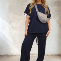 Navy short-sleeve stripe top with drawstring wide-leg trousers and side stripes