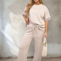 Beige co-ord set with striped sleeve top and drawstring wide-leg trousers