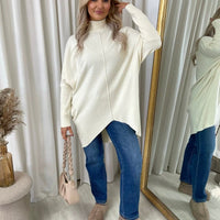White oversized knitted jumper with high neck and rhinestone speckle detail