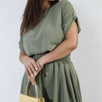 Sage green roll-sleeve top and elastic shirred waist shorts co-ord set