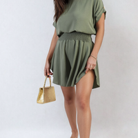 Khaki/olive green roll-sleeve top and elastic shirred waist shorts co-ord set