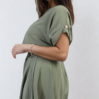 Olive green roll-sleeve top and elastic shirred waist shorts co-ord set