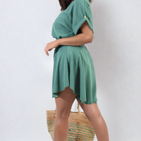 Green draped roll-sleeve top with shirred waist shorts, matching co-ord set