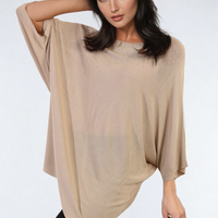 Oversized beige round-neck top with scattered studded dot embellishment