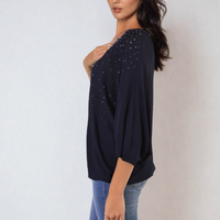 Oversized dark round-neck top with studded speckle detail, relaxed fit three-quarter sleeves