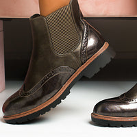 Chelsea Boots in Wine with Brogue Detail and Patent Panels