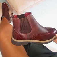 Chelsea Boots in Wine with Brogue Detail and Patent Panels