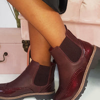 Chelsea Boots in Wine with Brogue Detail and Patent Panels