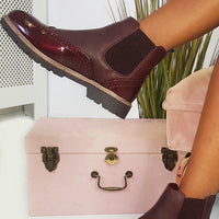 Chelsea Boots in Wine with Brogue Detail and Patent Panels
