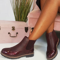Chelsea Boots in Wine with Brogue Detail and Patent Panels