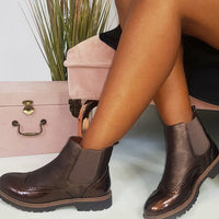 Chelsea Boots in Wine with Brogue Detail and Patent Panels