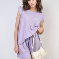 Light purple ruffle-trim sleeve top and matching shorts co-ord set, soft drape