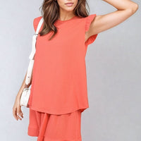 Coral ruffle-trim short-sleeve top and matching shorts set with tiered layers