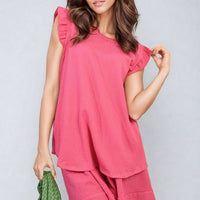 Pink ruffle-trim sleeve top and matching shorts co-ord set, relaxed silhouette