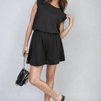 Black ruffle-trim sleeveless top and matching shorts set with gathered waist