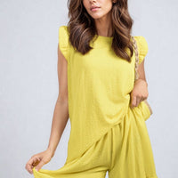 Ruffle-trim sleeve top and shorts set in bright yellow, relaxed tiered look
