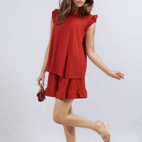 Red ruffle-trim sleeveless top and matching shorts set with layered tiers