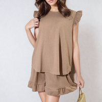Ruffle-trim sleeve top and shorts set in camel brown with layered hem