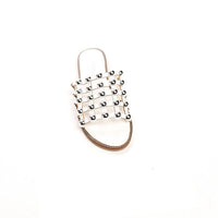 Studded lattice flat slide sandal, crystal-toned grid straps and tan sole