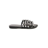 Dark flat slide sandals with silver studded lattice top and open toe