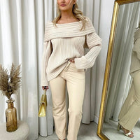 Faux leather trousers in light cream with high waist and straight legs