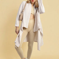 White open-front long knitted cardigan with long sleeves and draped hem