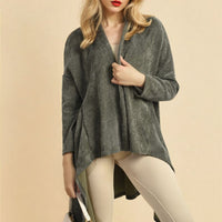 Charcoal grey open-front long knitted cardigan with long sleeves and draped hem