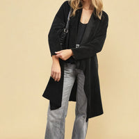 Black longline open-front knitted cardigan, wide sleeves, front open.