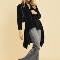 Black open-front long knitted cardigan with long sleeves and draped hem