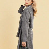 Light grey open-front long knitted cardigan with long sleeves and draped hem