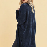 Navy open-front long knitted cardigan with loose drape and long sleeves