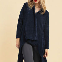 Navy open-front long knitted cardigan with draped asymmetric hem