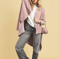 Pink open-front long knitted cardigan with draped hem and long sleeves
