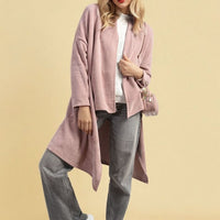 Lavender open-front long knitted cardigan with long sleeves and draped hem