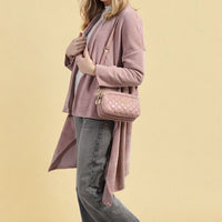 Mauve open-front long knitted cardigan with long sleeves and draped front