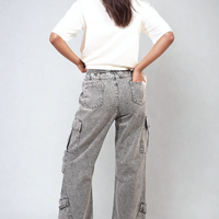 Grey cargo jeans with drawstring waist, cargo patch pockets, back view